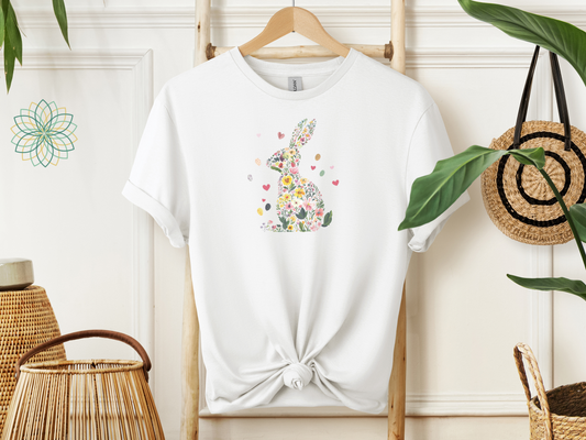 Feminine Flowers & Hearts Easter Bunny Rabbit Softstyle Tshirt