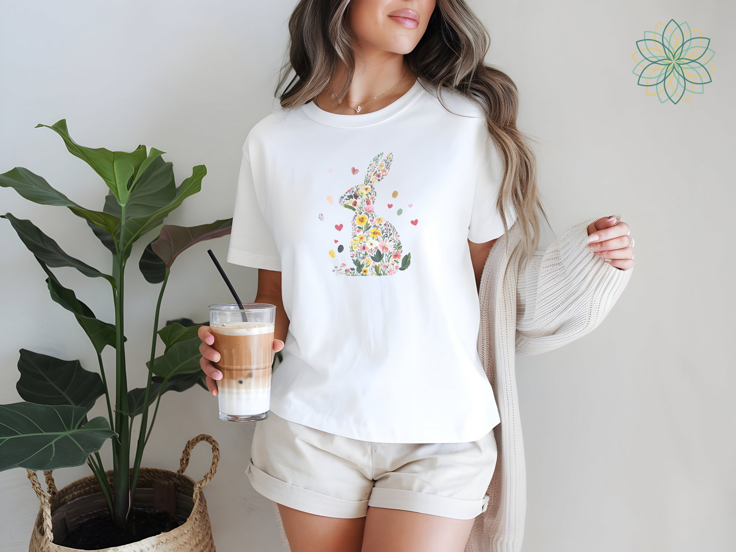 Feminine Flowers & Hearts Easter Bunny Rabbit Softstyle Tshirt