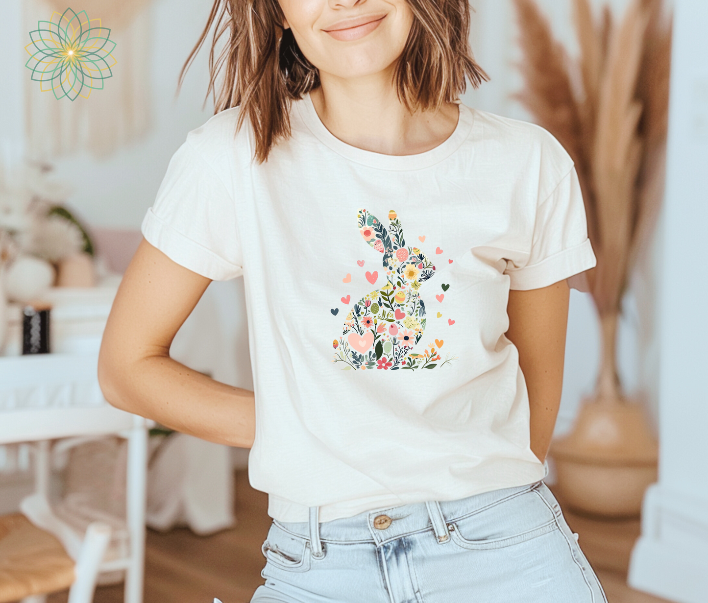 Feminine Floral Easter Bunny Rabbit Softstyle Tshirt