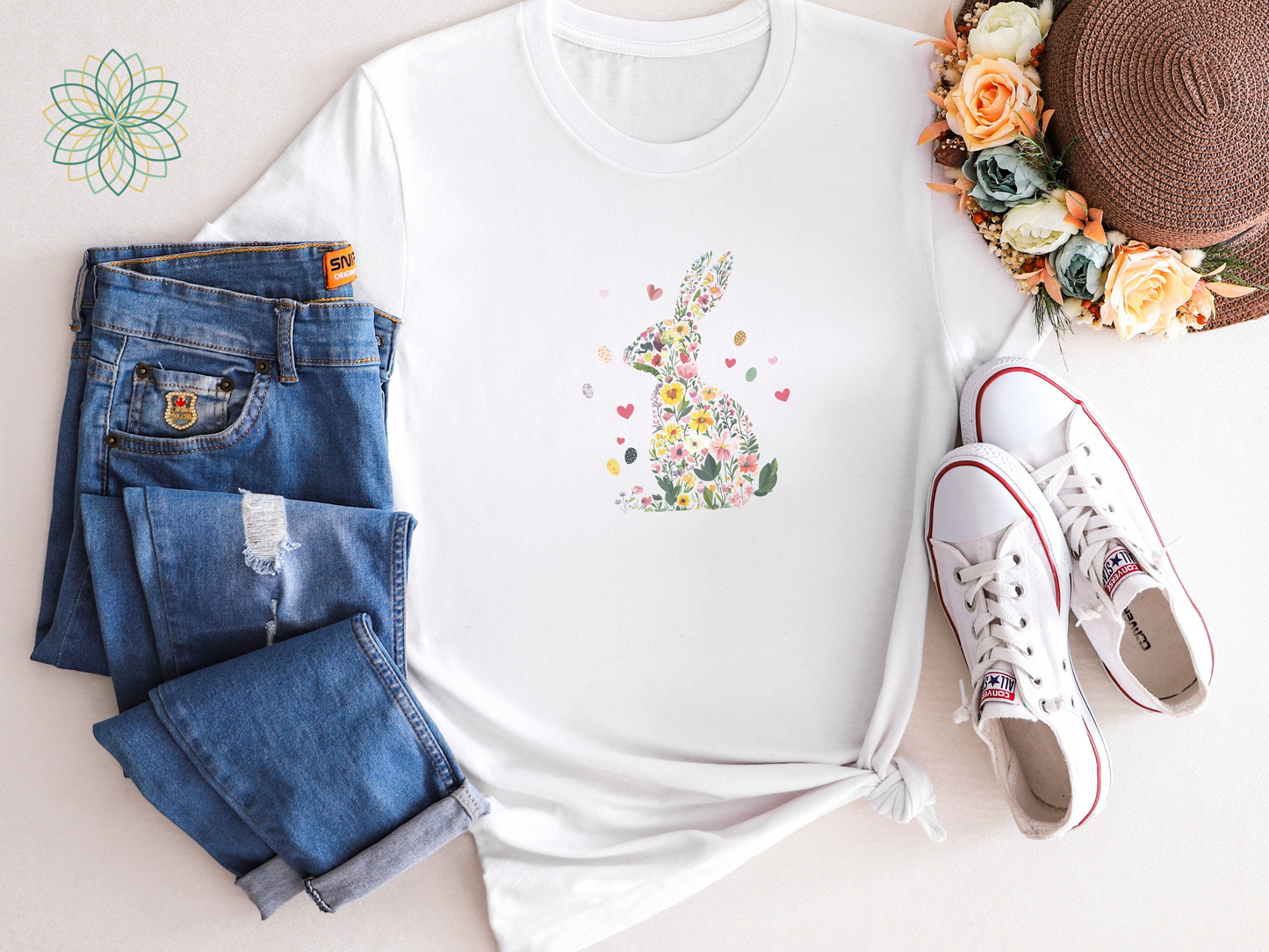 Feminine Flowers & Hearts Easter Bunny Rabbit Softstyle Tshirt