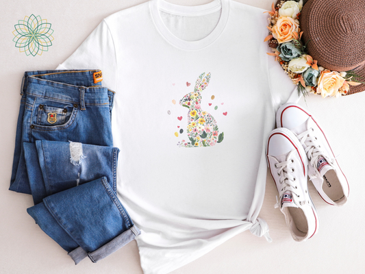 Feminine Flowers & Hearts Easter Bunny Rabbit Softstyle Tshirt